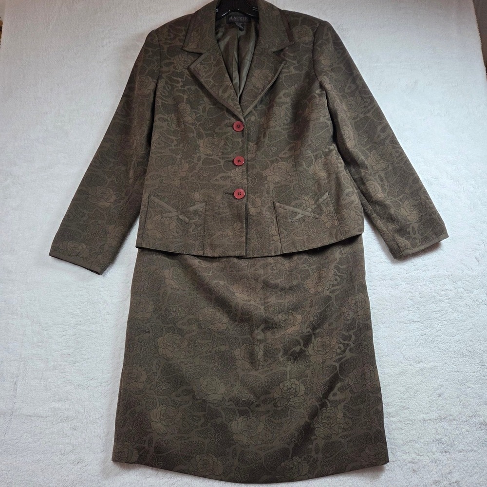 BLACKER BY STANLEY BLACKER Womens 2 Piece Suit Blazer Skirt Floral Brown Size 14